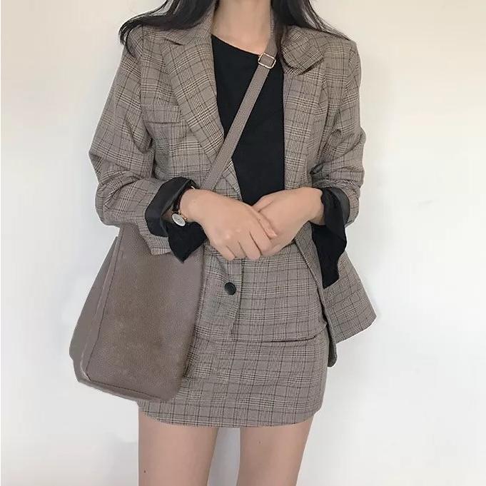 セットアップ レディース グレンチェック ブレザー ジャケット スカート グレー キャメル チェック柄 カジュアル スーツ フォーマル 春コーデ 韓国ファッション 123 Style Hana 通販 Yahoo ショッピング