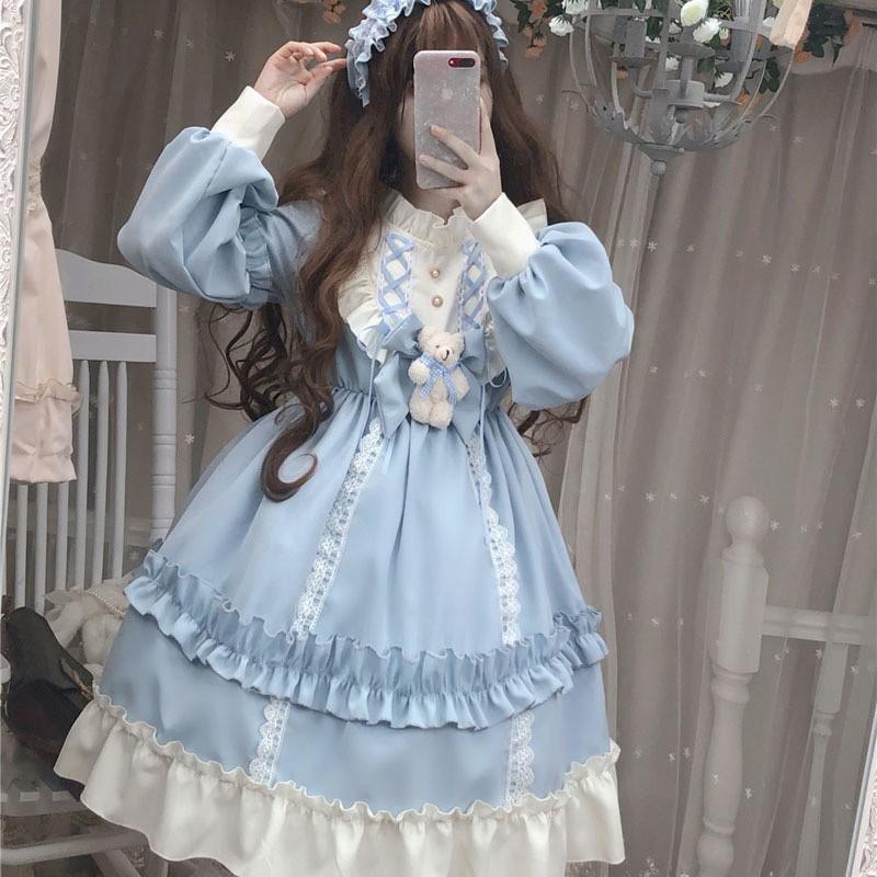 Lolita長袖ドレス服 ロリータ衣装 可愛いドレス レデイース二次元衣装 コスチューム一式 美少女ドレス リボン付き ２色袖トップス リボンダンス衣装 演出｜sutairu-hana｜07