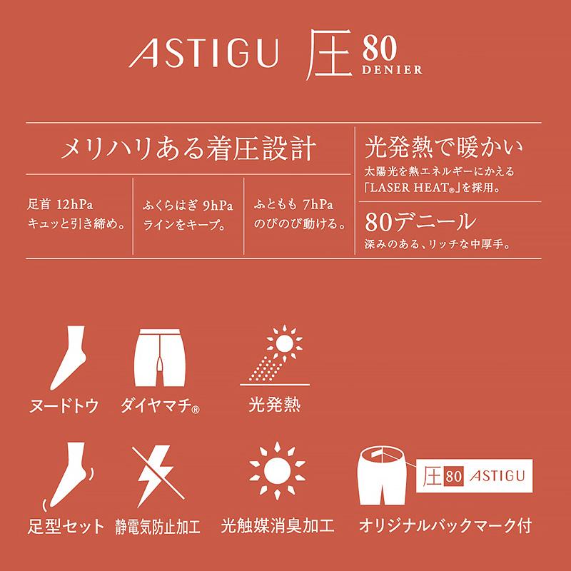 アツギ☆アスティーグ圧L～LLサイズ黒3点：80デニール／発熱・段階着圧・光触媒 アスティーグ アツギ 圧 着圧タイツ 発熱タイツ 80デニール S-M〜L-LL