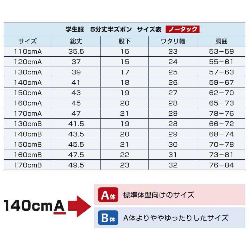 学生服 ズボン 夏用 男子 半ズボン 5分丈 紺 110cmA〜170cmB (制服 夏ズボン ワンタック ノータック 小学生 男の子) (取寄せ)｜suteteko｜09