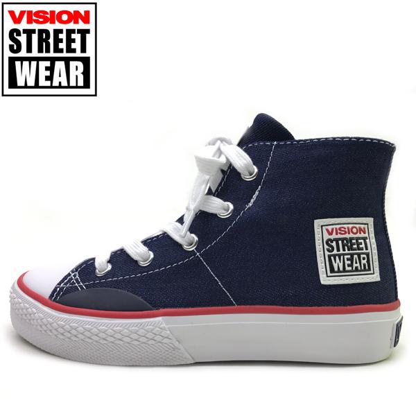 ヴィジョン VISION STREET WEAR キッズ ジュニア スニーカー CANVAS HI Jr. 19-23cm ネイビーデニム VKS-9360 NAVY DENIM ストリート 子供靴 男の子 女の子｜suxel