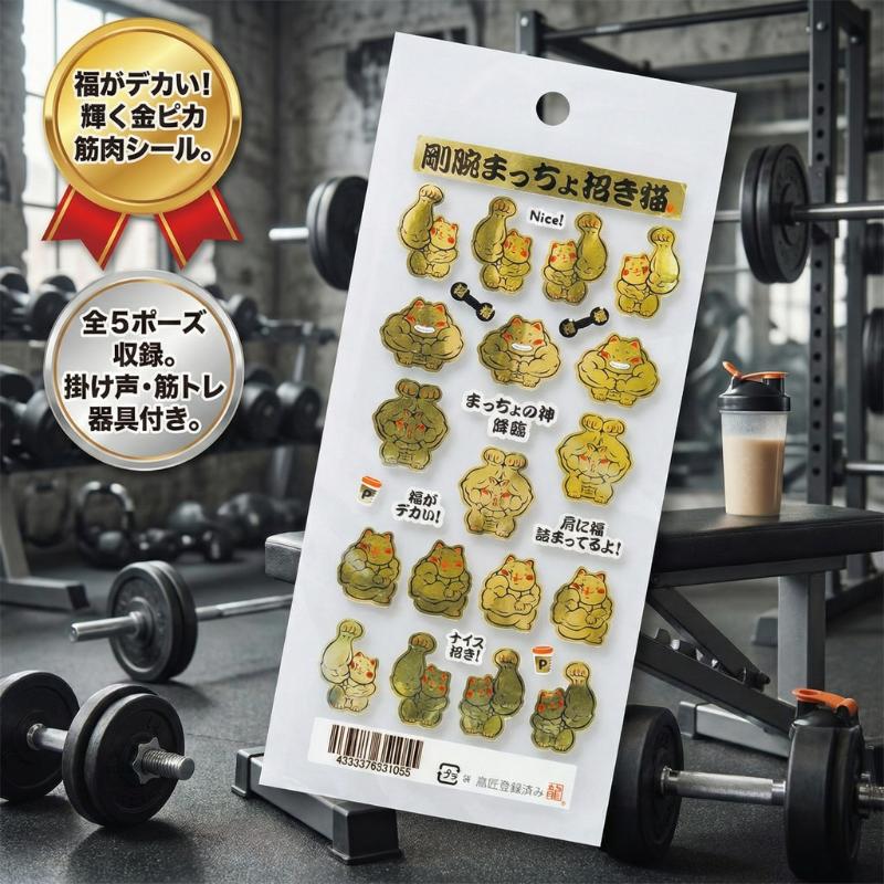 シール 剛腕まっちょ招き猫 金ピカ ステッカー マッチョ 筋肉 筋トレ