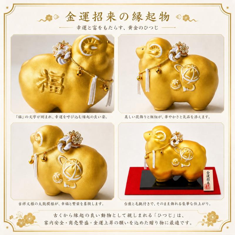 リュウコドウ 2027年 干支 置物 未年 羊 ひつじ 金の未 龍虎堂 陶器 金
