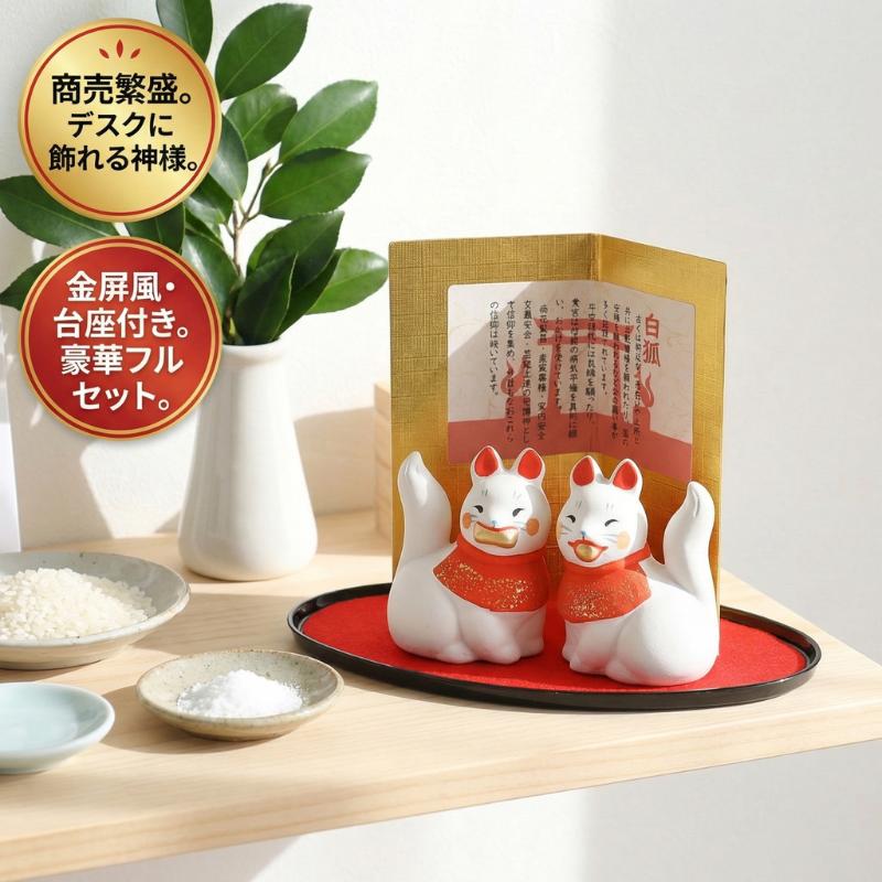 お稲荷さん 置物 白狐 陶器 2体セット 商売繁盛 縁起物 開運グッズ