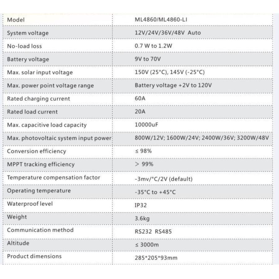 60A 12V 24V 36V 48V MPPT チャージコントローラーML4860 最大入力電力800W/12V 1600W/24V 24 MPPT 24V 36V 48V 1600W/24V 12V チャージコントローラーML4860 最大入力電力800W/12V