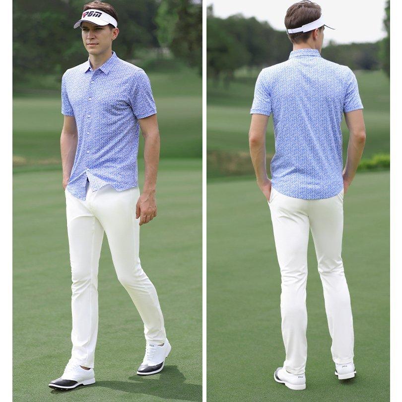 値下げ 柄シャツ 半袖ワイシャツ 半袖シャツ メンズシャツ ゴルフメンズウェア メンズウェア 夏用 Pgm おしゃれ 吸汗 幾何学柄 カジュアル シャツ サイズ ブルー Wp Polestarcalendars Com