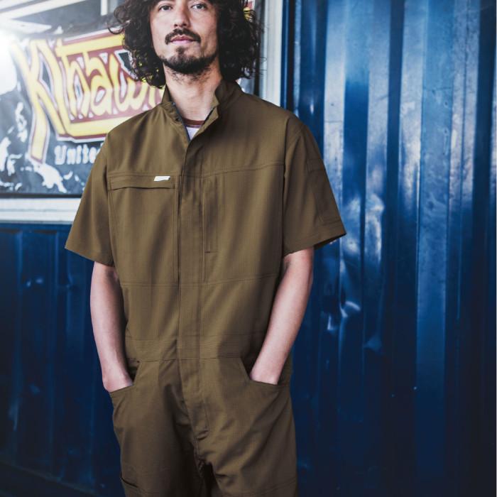 Snap-on 夏用半袖ツナギ （ブラウン） ツナギ 作業服 半袖 メンズ おしゃれ かっこいい ヒップオープン 夏用