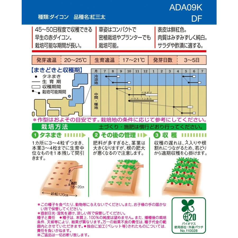 野菜種子 ミニ赤ダイコン「紅三太」 2dl（タキイ種苗）【送料込み】 べにさんた ベニサンタ 赤大根 あかだいこん 小型 三季穫り 家庭菜園 直売所出荷の画像