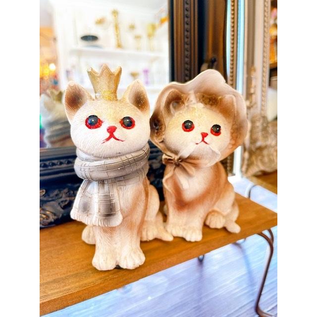 ペアねこ置物2体セット 王冠ねことほおかぶりねこセット ねこ