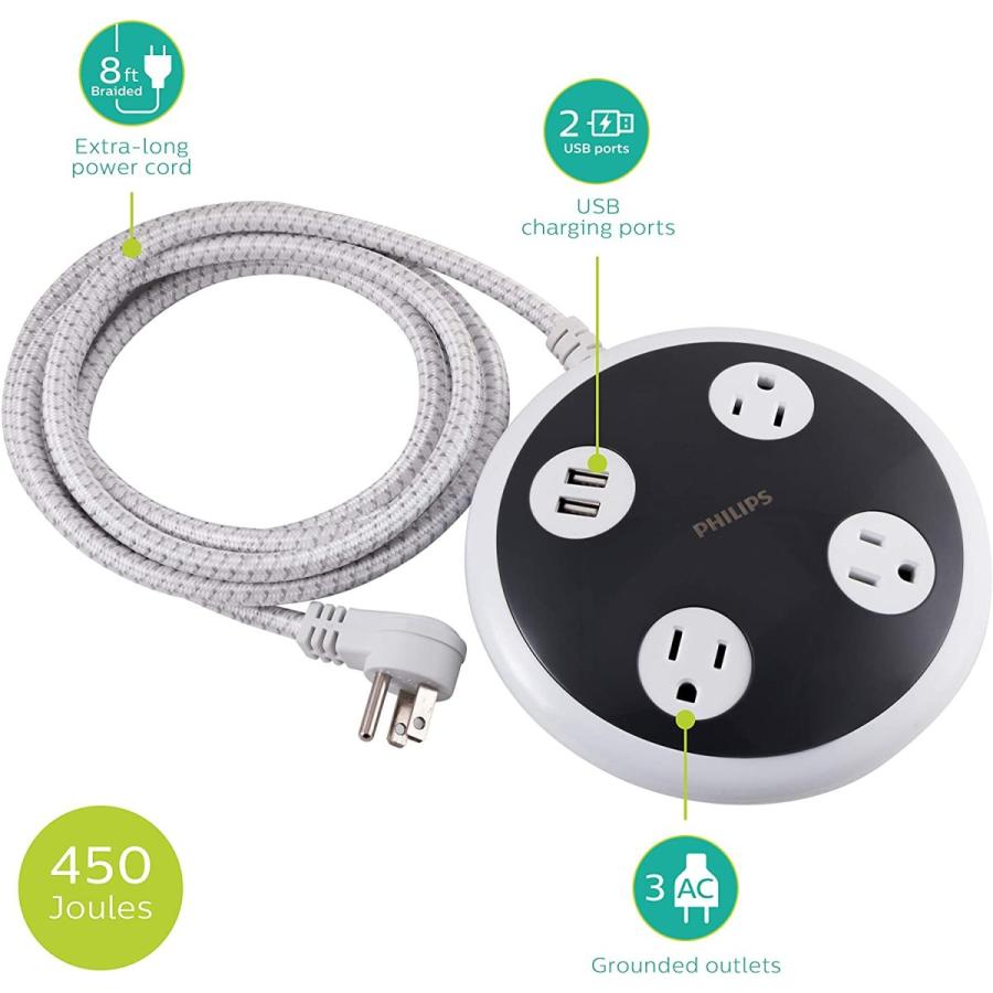 Philips 3 Outlet 2 USB Surge Protector Orb 8 ft Braided Extension Cord Flat Plug Power Hub Round 450 Joules White SPP6230WC/37　並行輸入品 - 0