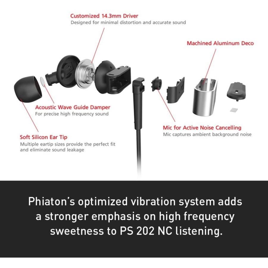 Phiaton PS 202 NC アクティブノイズキャンセリング 有線イヤホン マイクとリモコン付き 10時間再生 3.5mmジャック プレミアムアルミニウム構造ヘッドホン Phiaton PS NC