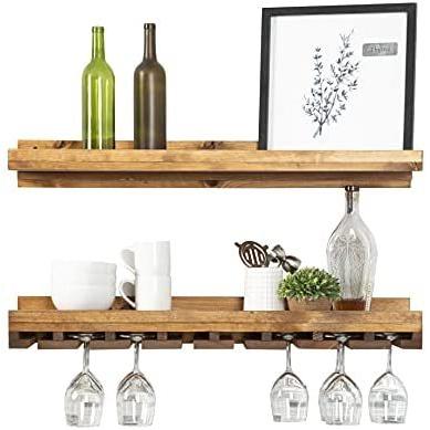2021人気No.1の del Hutson Designs Rustic Luxe 36 Inch Farmhouse Kitchen Dining Real Wood Wall Mounted Stemware Holder Rack and Wine Bottle Shelf Set, Walnu ワインラック