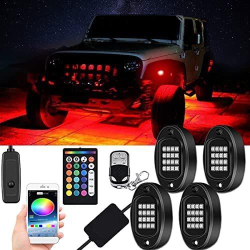 Benxusee RGB LED Rock Lights 4 Pods 60 LEDs Waterproof Aluminum Multicolor Neon Underglow Lighting Kit with APP Remote Control for Off Road 補助照明、イルミネーション