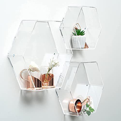 【最新入荷】 Shelf, Floating Hexagon Office, for Display Invisible 3, of Set Shelves Honeycomb Acrylic Modern Organize Hobbie and Collections Display and ウォールシェルフ