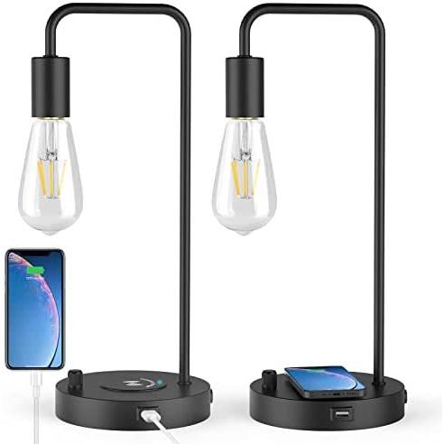 人気アイテム with Lamps Desk Charging Wireless 2, of Set Port USB with Lamps Table Industrial Black Room Living Bedroom for Lamps Nightstand Base, Metal テーブルライト