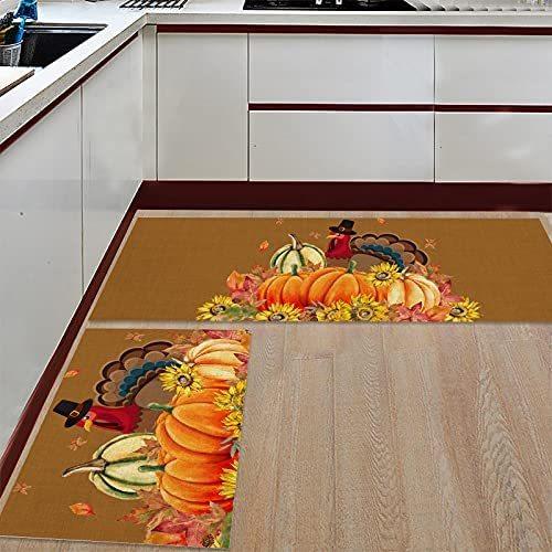 Beauty Decor 2 Piece Kitchen Mats Cushioned Anti-Fatigue Rug Thanksgiving Turkey and Harvest Pumpkin Non Slip Thick Floor Comfort Mat Sets w