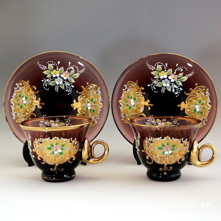 ヴェネチアン ベネチアン グラス ムラノ カップ&ソーサー 2客セット 人気絶頂 【ベネチアングラス】金彩 ローズ エナメル彩 綺麗なブルーのグラスセット 食器