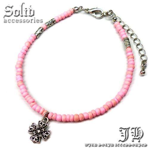 送料無料 アンクレット メンズ 男性用 クロス 十字架 シルバー 薄ピンク パステルピンク ビーズ ミサンガ ブレス