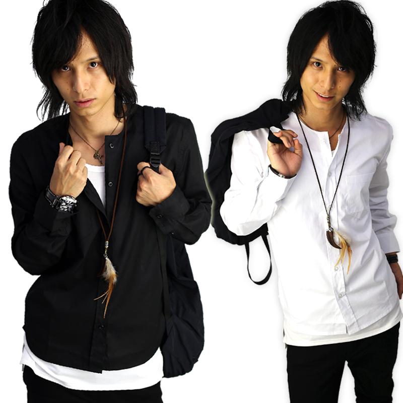 メンズyシャツ スリム 襟なし ノーカラー バンドカラー ワイシャツ ビジネスシャツ 長袖 無地 シャツ