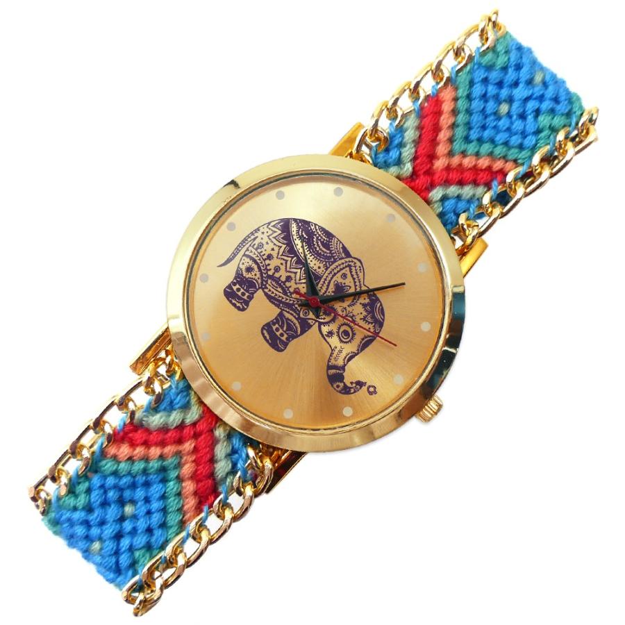 送料無料999円 ミサンガウォッチ ゾウ エレファント 象 エスニック 大きめ文字盤 フェイス ブレスレット ブルーレッド系 時計 トレンド アクセサリーt272 世界的に有名な