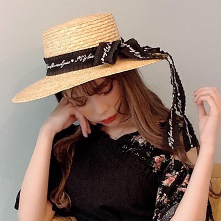 カンカン帽 レディース リボン ハット 帽子 大きいサイズ ガーリー かわいい 可愛い おしゃれ お洒落 つば広 ブラック