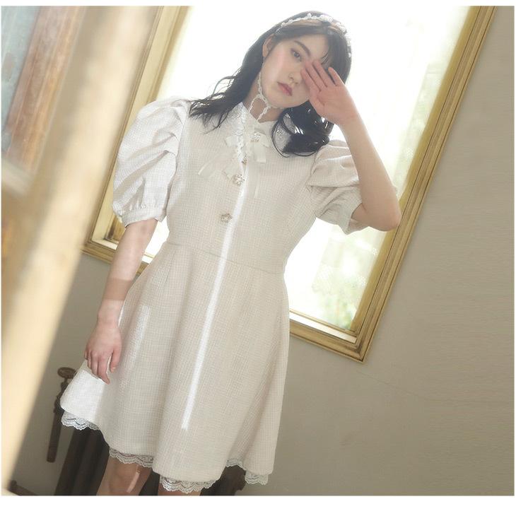 ワンピース 半袖 リボン ボウタイ ツイード かわいい 可愛い レース ビジュー パール キラキラ ひざ上 膝上 ガーリー 白 ホワイト ピンク サックス ブルー Swankiss 通販 Yahoo ショッピング