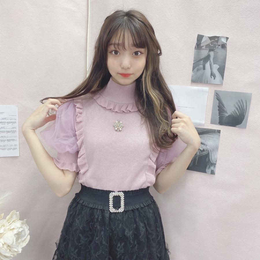 高い素材 かわいい 可愛い ニット生地 ニット Tops Knit Puff Air Hb レディース トップス 可愛い かわいい お洒落 おしゃれ 女性 女の子 低身長 パール きらきら ビジュー 半袖 ニット セーター Aliuminium Lt