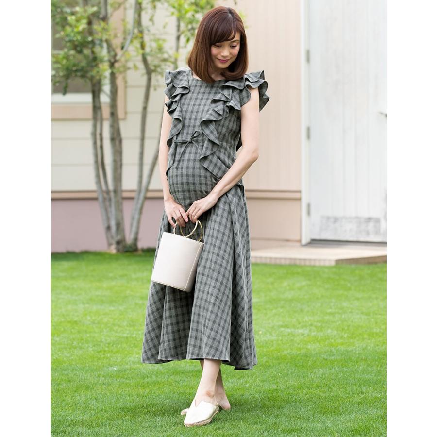 マタニティ ワンピース 服 チェック柄 フリル ロングワンピース 授乳服 産前産後 リンクコーデ ノースリーブ 春 夏 家族コーデ おそろい So 授乳服とマタニティ服のsweetmommy 通販 Yahoo ショッピング