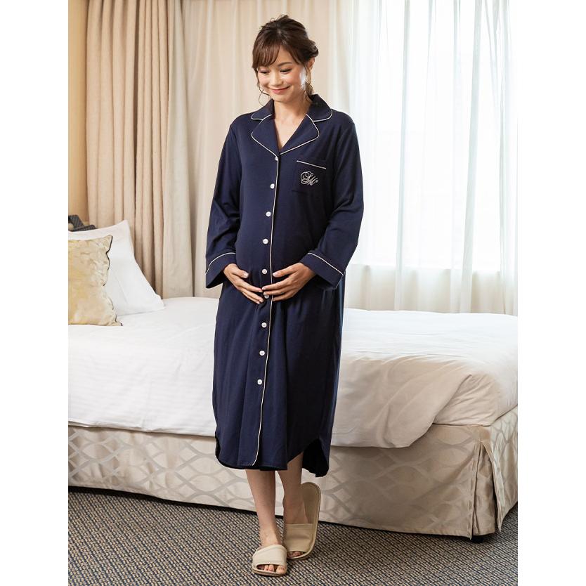 マタニティ 初売り パジャマ 前開き 入院対応 シャツ風 パイピング 長袖 シャツワンピ 冬 ワンピース ルームウェア 授乳服 夏 秋 産前産後 春