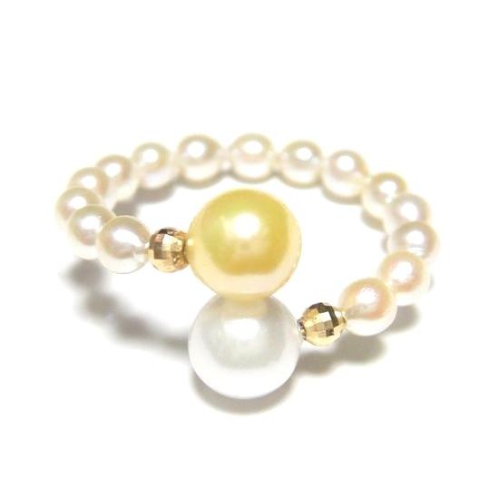 ホワイト&ゴールドツートン！アコヤ真珠フリーサイズ約3-6mmパールリング