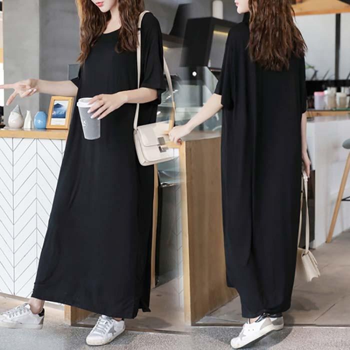 ラウンドネックロングワンピース ワンピース ロング マキシ 無地 Tシャツ ゆったり Tシャツワンピース 体形カバー デイリー 大きいサイズ 当店限定販売