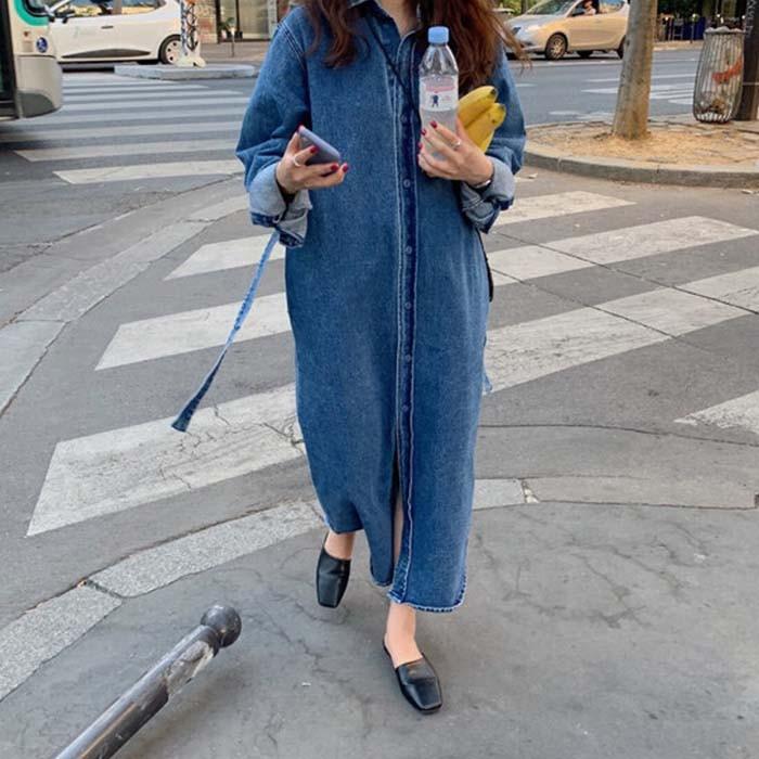 デニムシャツワンピースコート アフター デニム ロングコート レディース ワンピース シャツワンピース Perla デニムワンピース 羽織 共ベルト付き Sweet Pocket 通販 Yahoo ショッピング