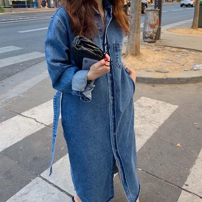 デニムシャツワンピースコート アフター デニム ロングコート レディース ワンピース シャツワンピース Perla デニムワンピース 羽織 共ベルト付き Sweet Pocket 通販 Yahoo ショッピング