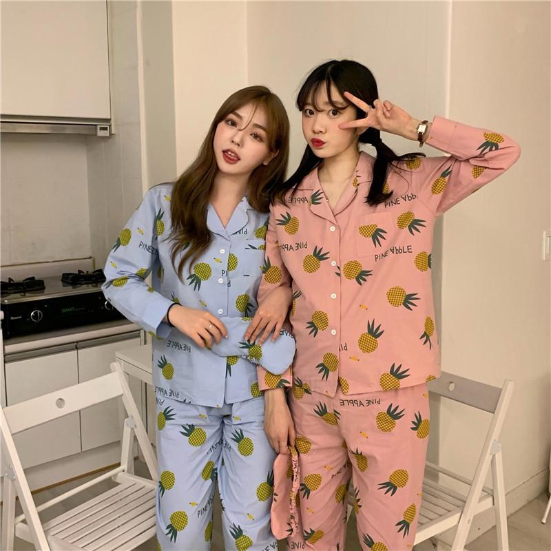 パイナップルプリントパジャマ パンツ 上下セット パイナップル 長袖 レディース S M L ピンク イエロー ブルー 激安特価