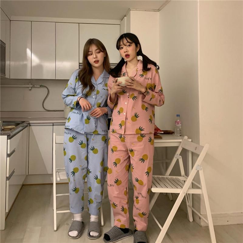 パイナップルプリントパジャマ パンツ 上下セット パイナップル 長袖 レディース S M L ピンク イエロー ブルー 激安特価