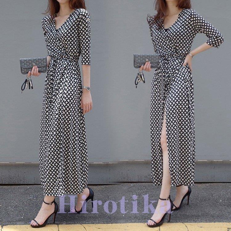 高級ブランド ワンピース レディース 40代 マキシワンピース 春夏 五分袖ワンピース Vネック スリットスカート オシャレ韓国風 大人 旅行 ビーチ