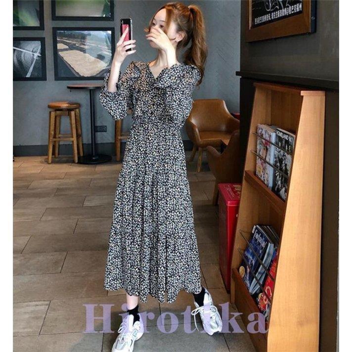 ワンピース 花柄 マキシワンピース フリル 長袖 ロング丈 おしゃれ レディース 着痩せ 春 21 大幅にプライスダウン