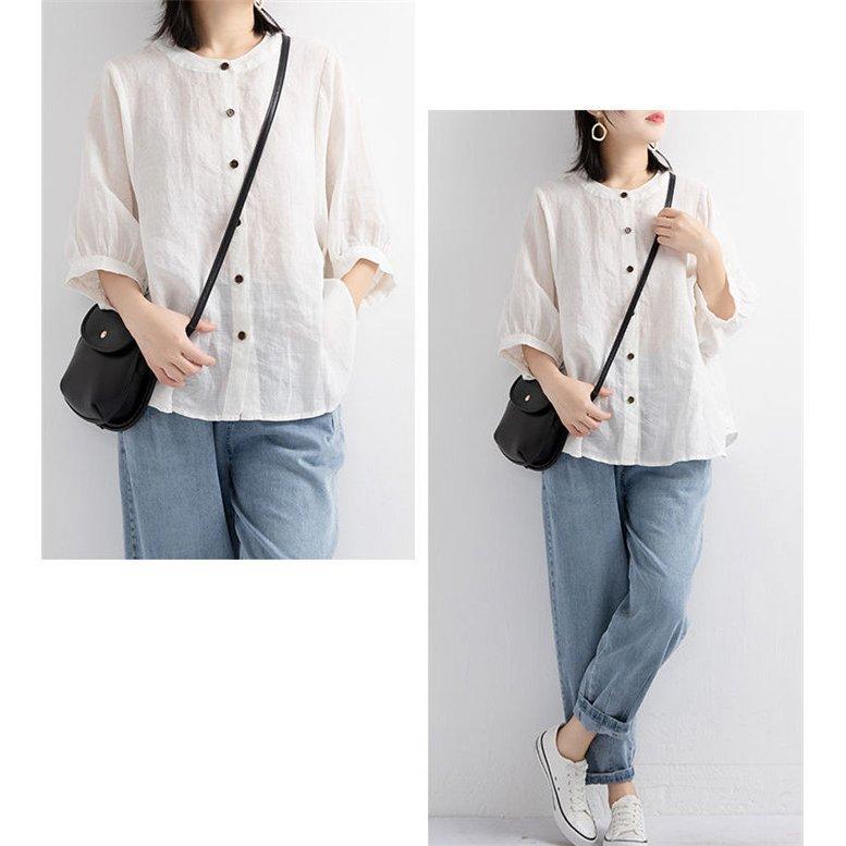 ブラウス 半袖 レディース 綿麻混風 無地 シャツブラウス トップス ゆったり 大きいサイズ シャツ オフィス 通勤 体型カバー 夏 コーデ コットンリネン 6色 格安人気