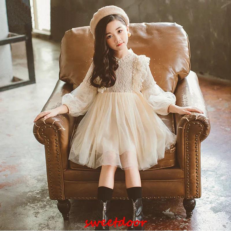 子供服 ワンピース キッズ 女の子 秋着 長袖 レースワンピース 膝丈 白