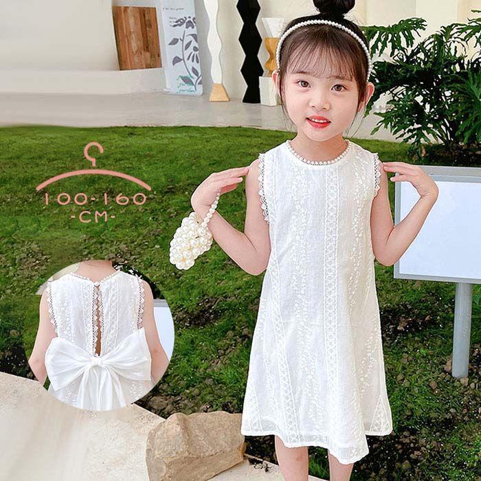 白ワンピース キッズ ワンピース 女の子 ノースリーブ レース 後ろ