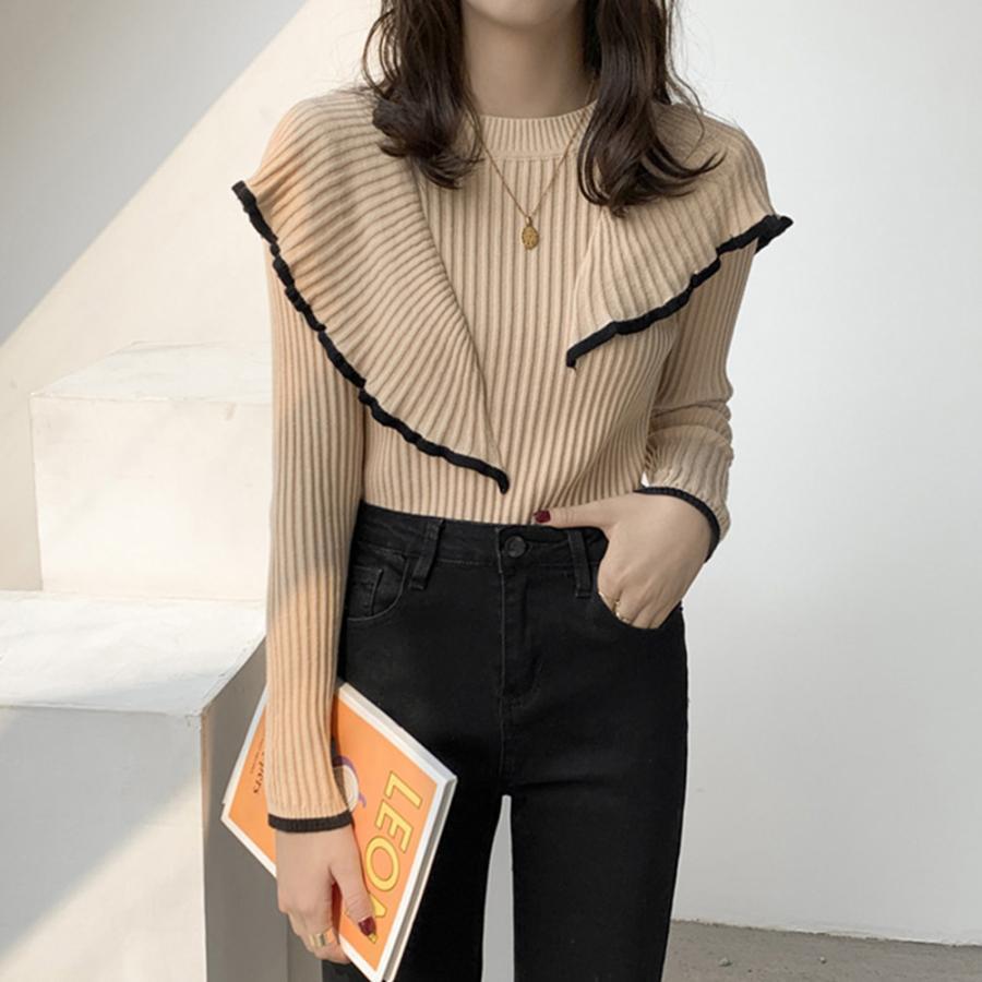 フレア リブニットトップス レディース モックネック ニットセーター