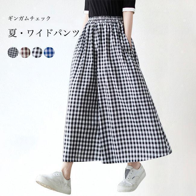 ワイドパンツ レディース キュロット 夏 ギンガムチェック 薄手 サマー