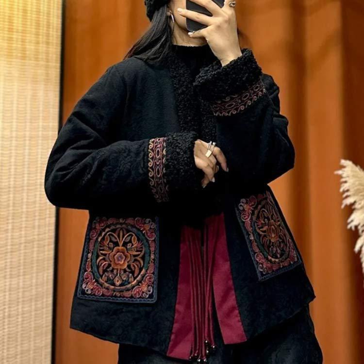 刺繍 中綿 中綿コート 上品 冬 ジャガード織り ノーカラー 半纏 上着 
