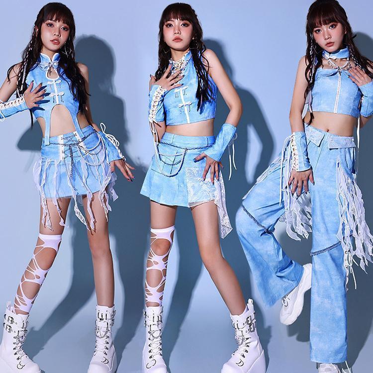 青 レディース ダンス衣装 セットアップ 韓国 衣装 ヘソ出し スカート