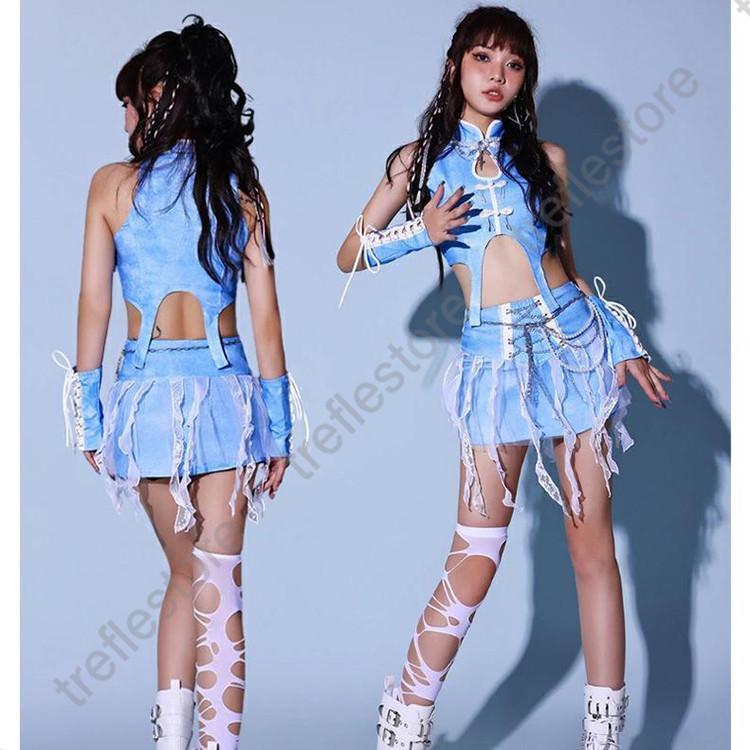 青 レディース ダンス衣装 セットアップ 韓国 ヘソ出し スカート