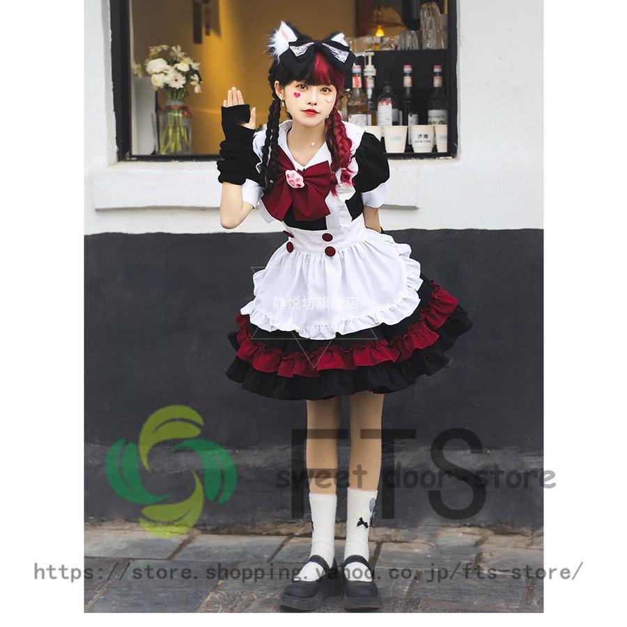 メイド服 ワンピース 黒赤 レディース膝丈 エプロン クラシカル メイド服 ワンピース 黒赤 レディース膝丈 エプロン クラシカル