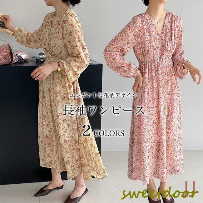 長袖ワンピース 花柄 レディース マキシ丈ワンピース Vネック 春 