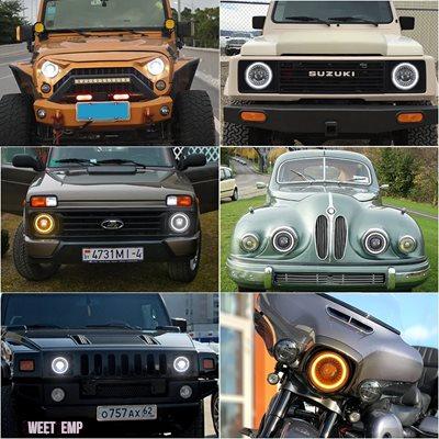 互換品 ハーレー ダビッドソン モトカー用 7"LEDヘッドライト DRL H4 ハロ付き エンジェルアイズ ラダ用 BMW ジープ JK 4x4 スズキ サムライ ジープ ラ_10