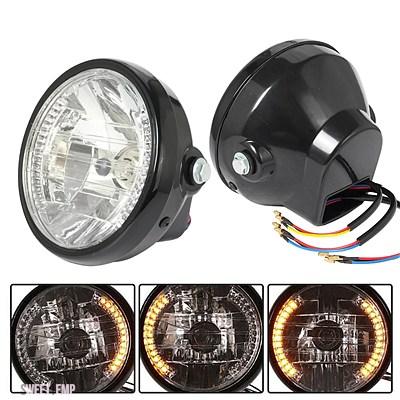 互換品 ブラック汎用  7 \"12V ヘッドライトウィンカーライトラウンドヘッドランプハーレーボバーホンダ ヤマハカワサキカフェレーサー"_1
