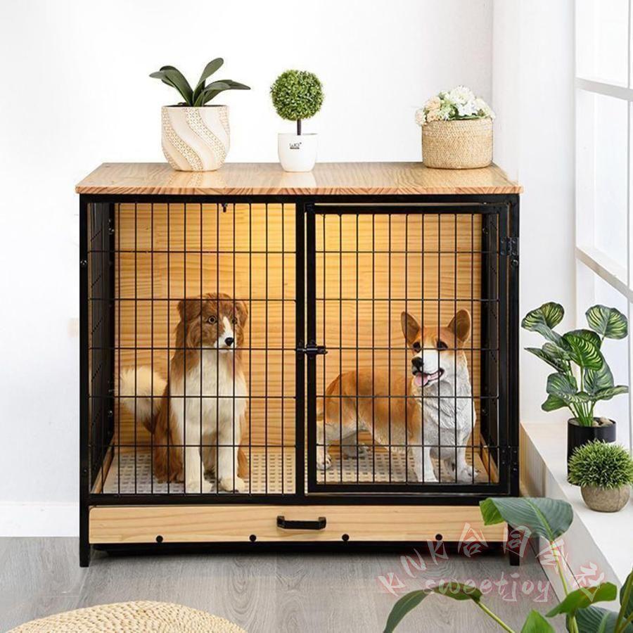 木製ペットケージ 犬用 屋根付き 室内おしゃれ KNK（株） 小型犬/中型犬対応 脱走防止 サイレントマット付き トイレ&引き出しトレイ 組立簡単 ドッグハウスの画像